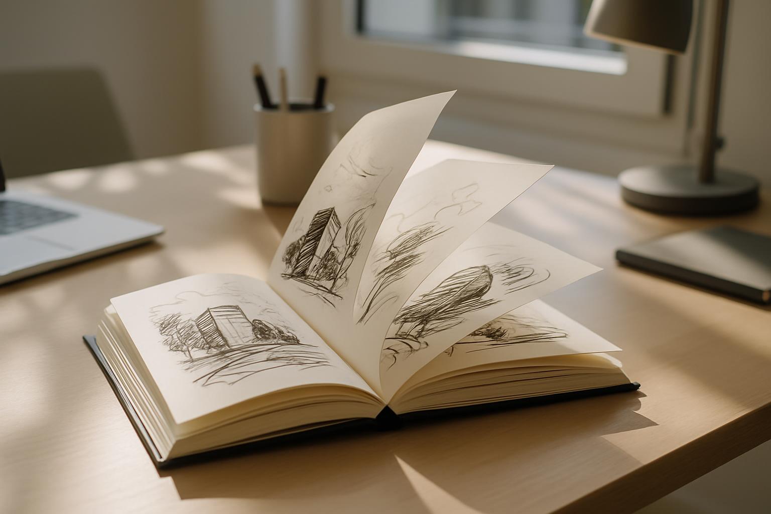 Spanish (Spain): "Una habitación de escritorio iluminada por el sol con una libreta de dibujo abierta y sketches de arquit...