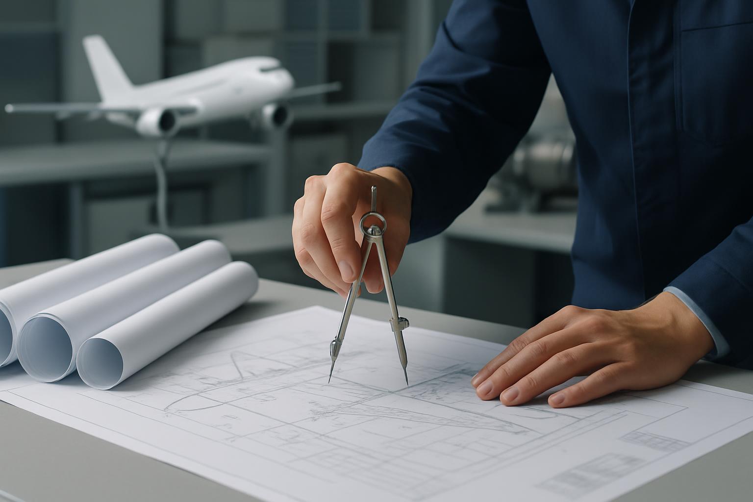 Un arquitecto y sus herramientas de dibujo sobre planos de un aeropuerto.
