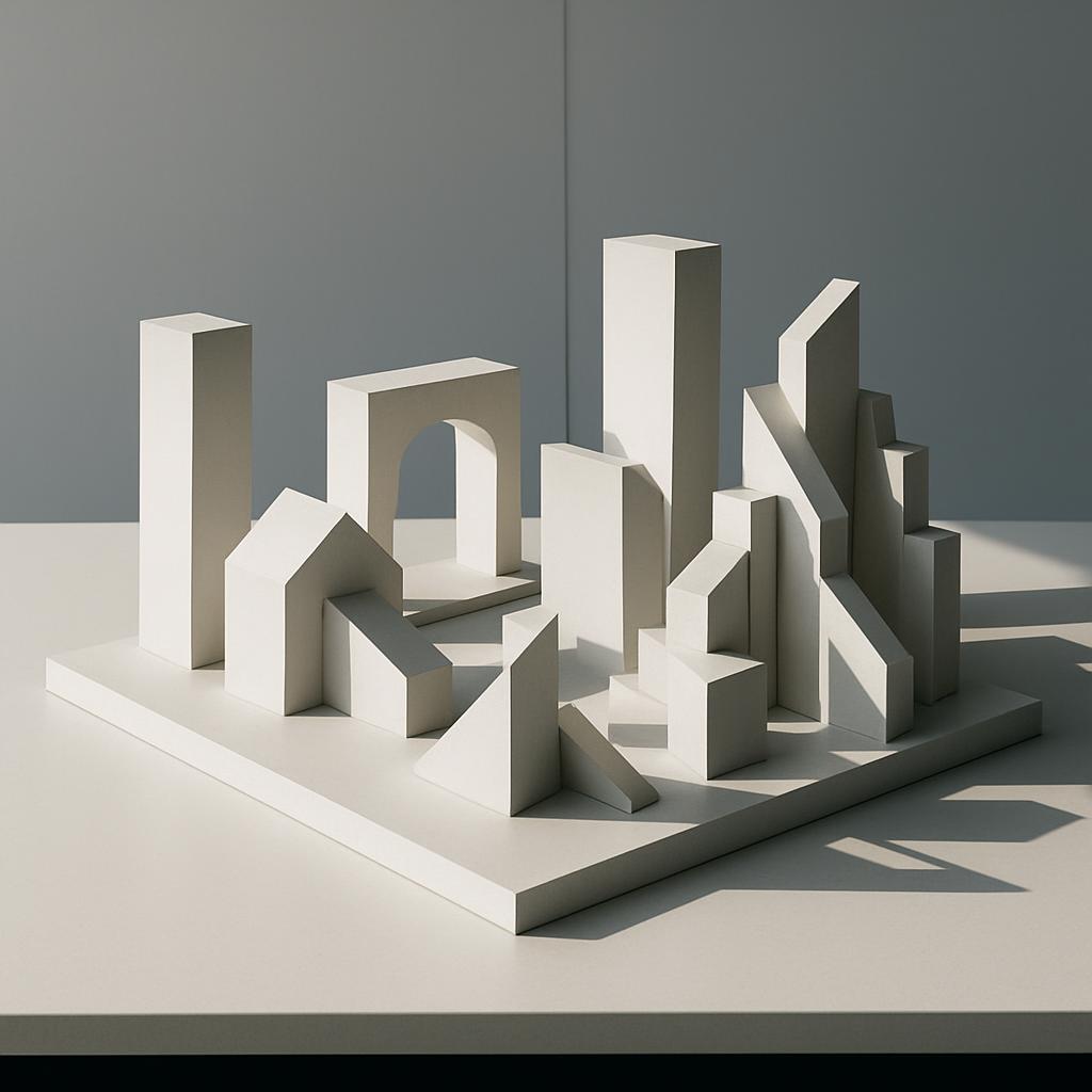 Una escultura tridimensional de un logotipo a base de espaciajes con una línea de calado geometramente perfecta.