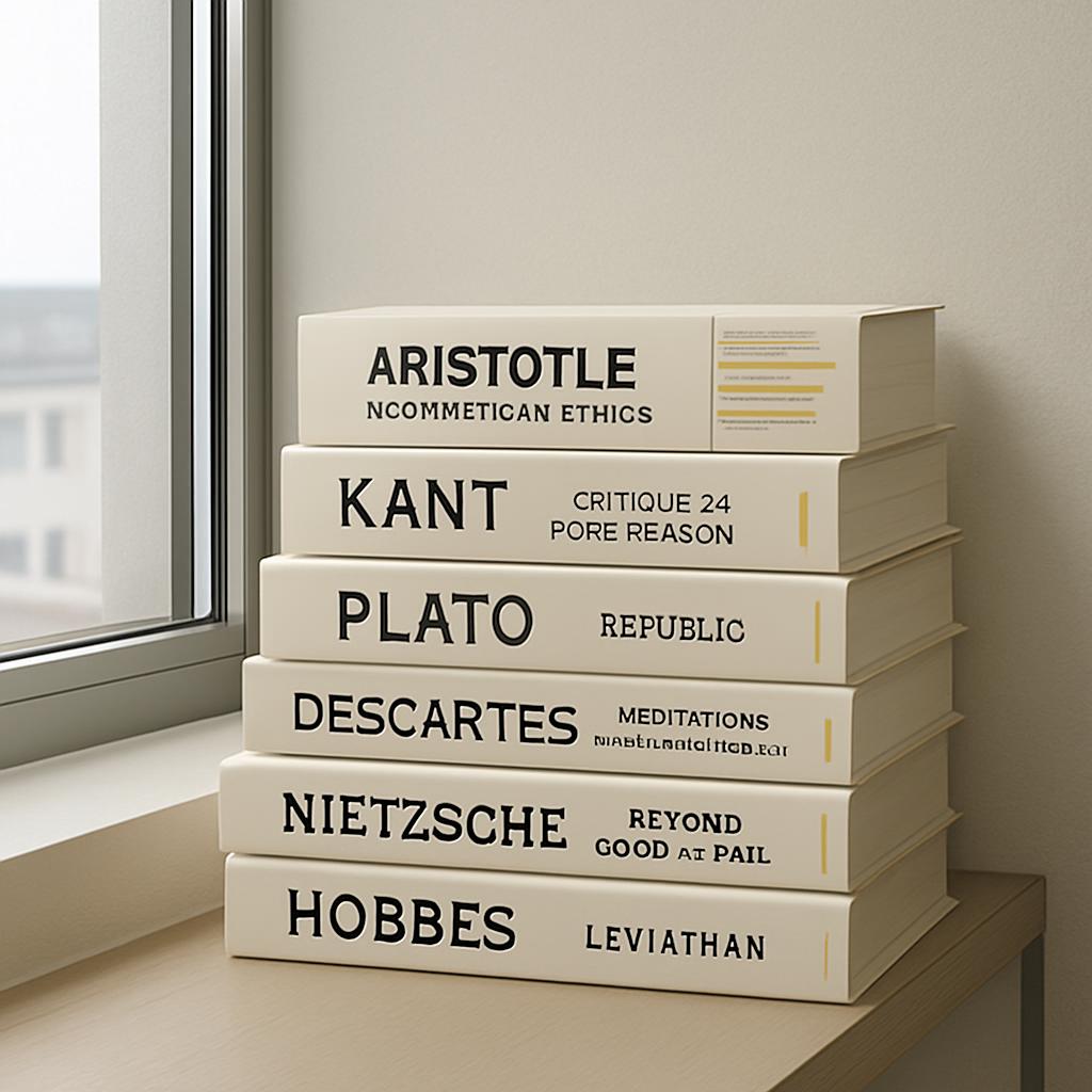 Una estantería de libros con títulos de filosofos y eruditos representativos clasificados en orden ascendente alfabéticame...