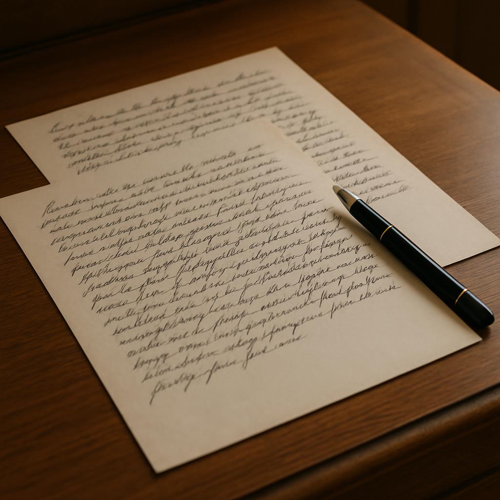 //the image of a wooden table and pen are haloed in overlayed light, with letters being written in cursive on paper//
