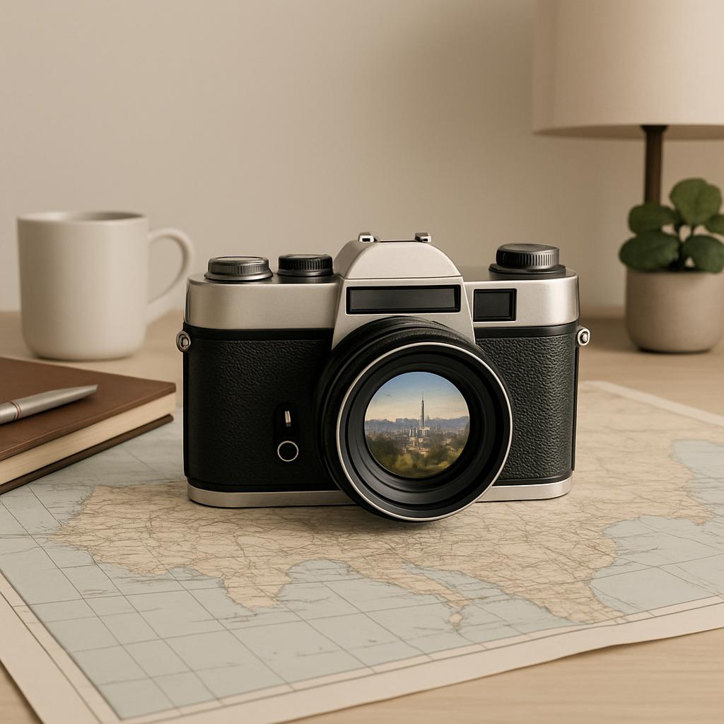 Una fotografía de una cámara fotográfica ayudando a una persona a planificar un viaje.